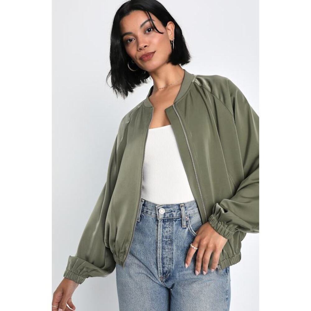 Lulus Iconic All The Time Olive Green Satin Bomber Jacket - Size S
